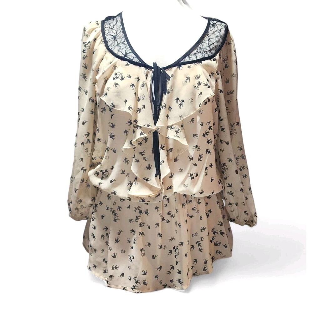 Black Rainn Sheer Top Sparrows Puff Sleeve Lace Trim Gothic Romantic Size Small